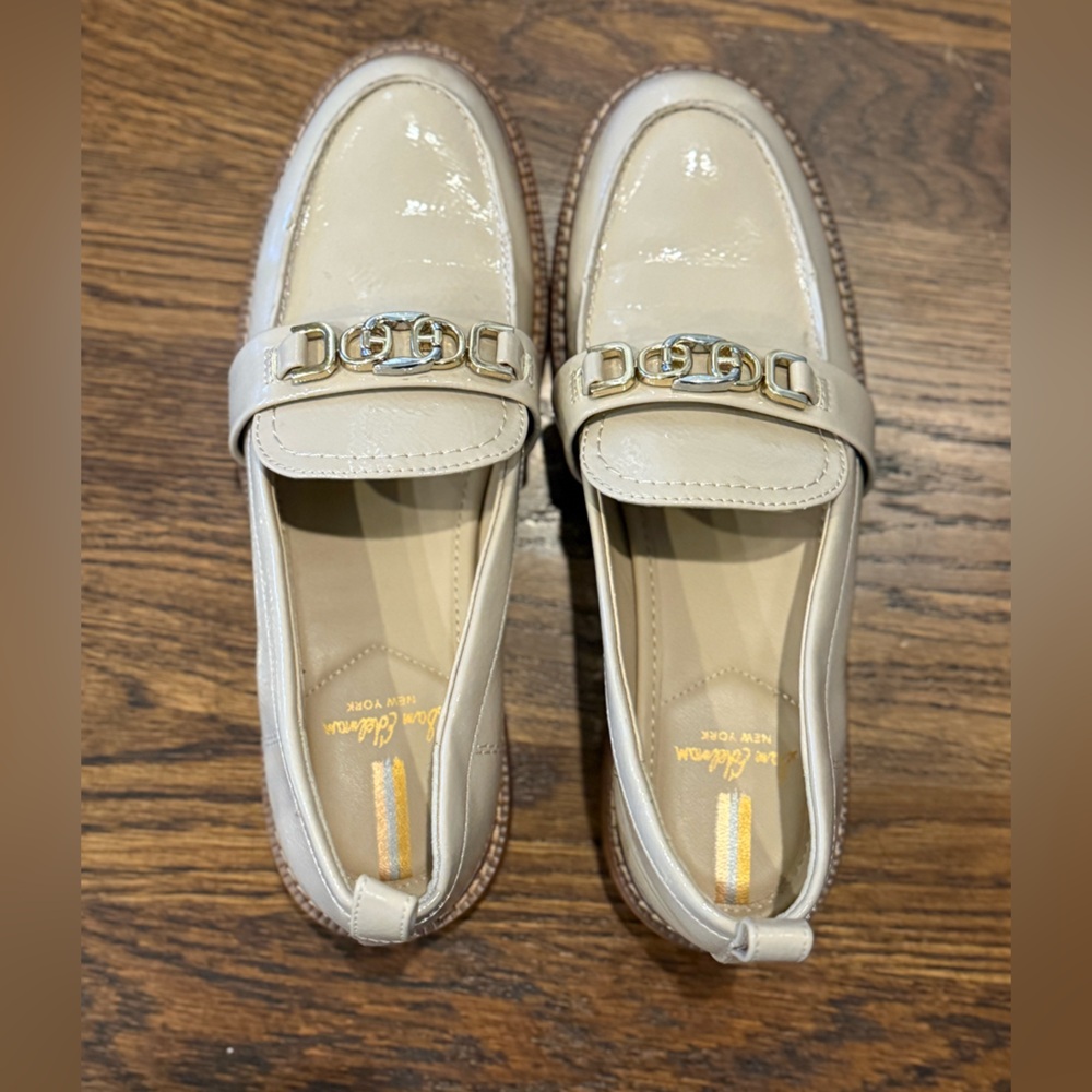 Sam Edelman Beige Patent Loafers with Gold Detail